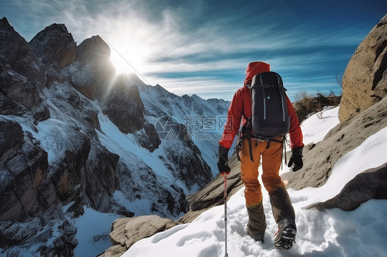 冬季一位登山者登山背影图片