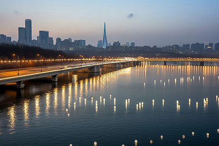 城市湖泊夜景图片