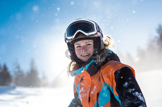 滑雪女孩在雪地里微笑图片