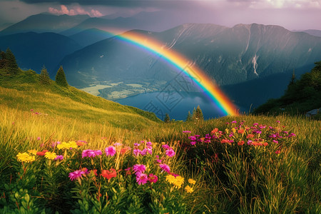 彩虹场景下的山川湖海图片