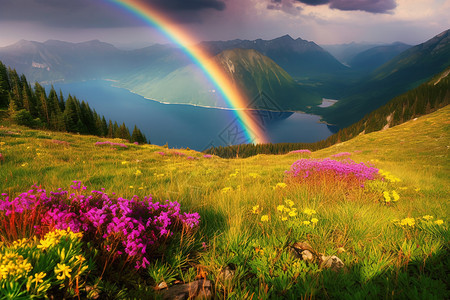 彩虹场景下的山川与湖海图片