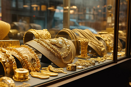 珠宝店橱窗里的金饰图图片