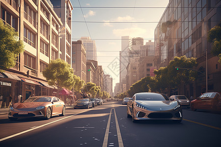 繁华城市街道上的新能源汽车背景图片