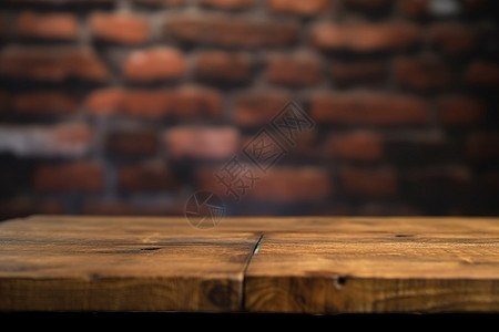 模糊砖墙前的木板桌子图背景图片