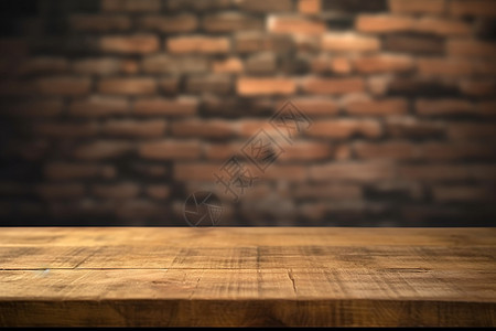 砖墙前的木板桌子图片