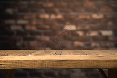 模糊砖墙前的木板桌子图片