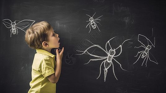 男孩用粉笔在黑板上画蚊子高清图片