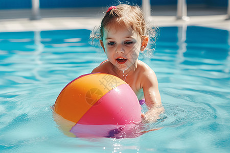 小女孩在水里玩沙滩球图片