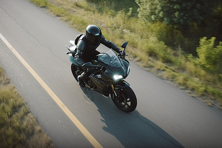 骑摩托关公戴头盔的年轻人在高速公路上骑着现代摩托车背景