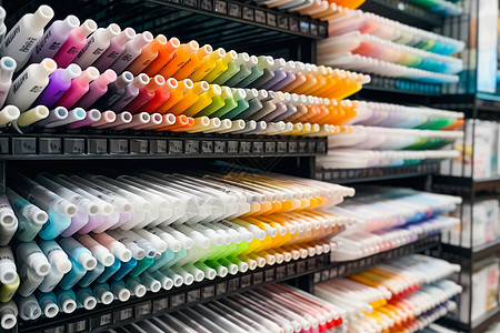文具店促销文具店的架子上的彩色笔背景