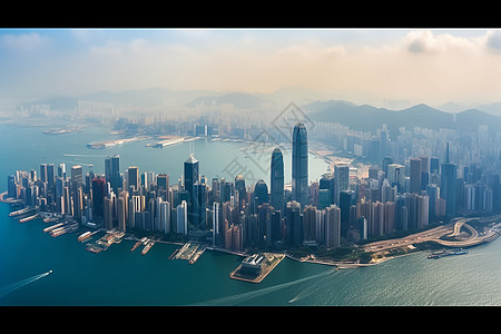 维多利亚港与香港摩天大楼的鸟瞰图图片