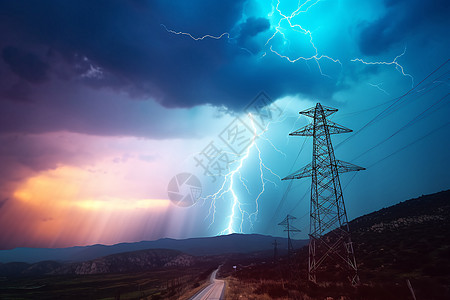 郊外的高压电和闪电背景图片