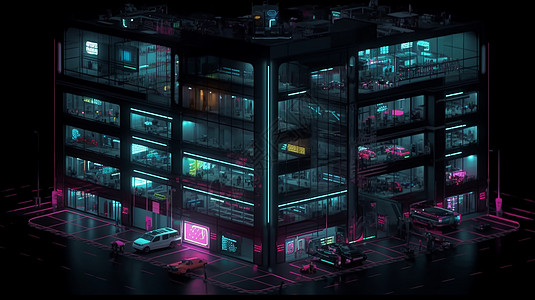 模糊夜景科技感十足的商场大楼插画