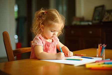小女孩在家里画画高清图片