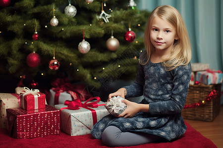 小女孩坐在圣诞树前图片