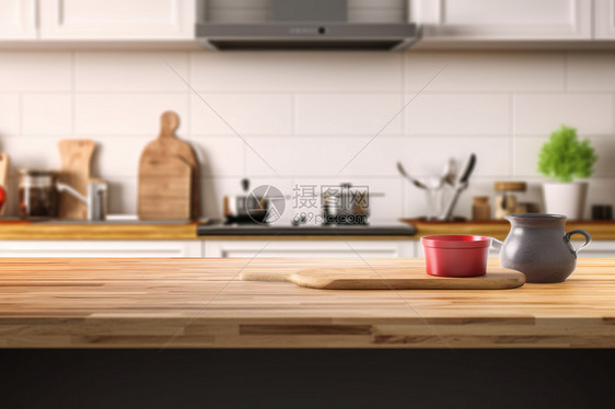 家居厨房的木质台面3D效果图图片