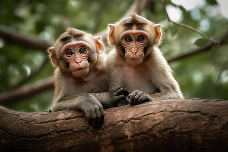 两只小猴子在树上凝视背景图片