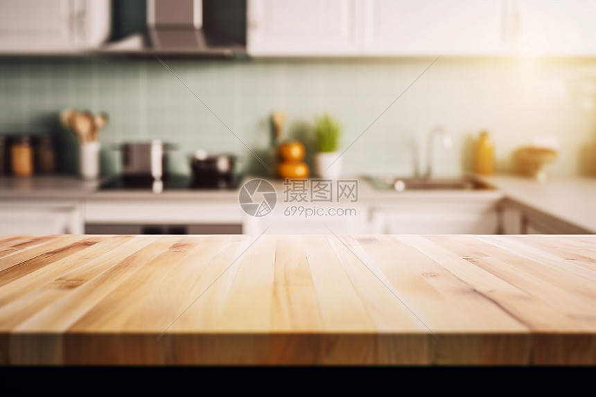 模糊的厨房背景和桌面图片