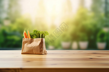 装着蔬菜的袋子摆在桌上背景图片