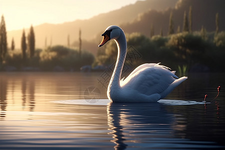 一只优雅的天鹅在宁静的湖面上滑行图片