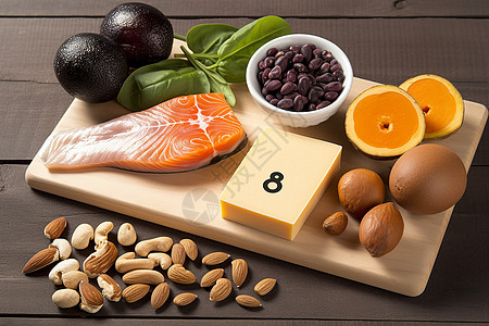 数字与鱼富含维生素B2的食物背景