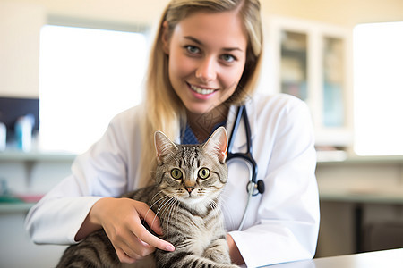 女兽医与怀抱小猫图片