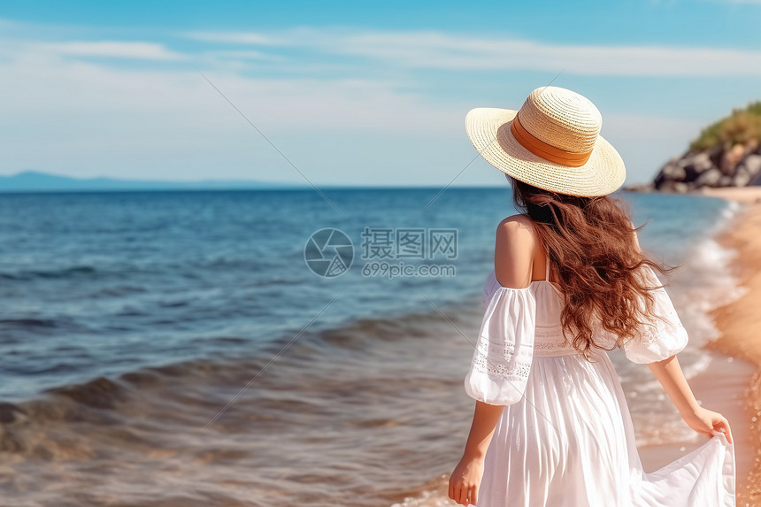 在海边吹海风的女人图片