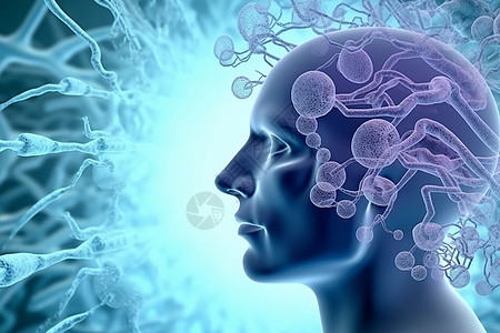 3d医学与男性头部大脑dna链病毒细胞图片