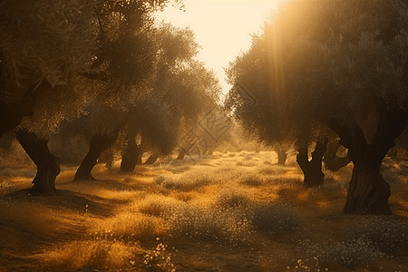 夕阳下的橄榄树林图片