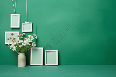 花和相框挂在绿色图片