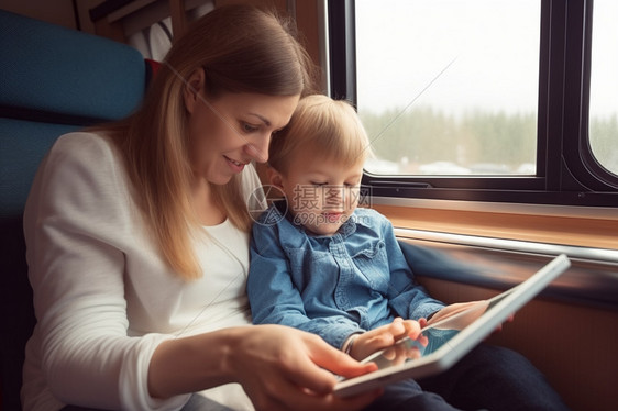 火车上陪伴儿子玩游戏的妈妈图片
