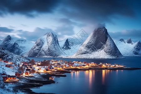 山脉和峡湾夜间的冬季景观背景