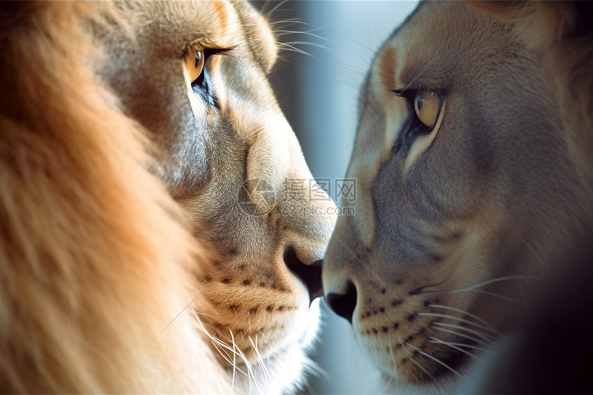 狮王和母狮子的双重曝光图自尊或欲望概念图片