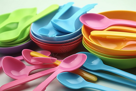 摆放整齐的彩色塑料餐具图片