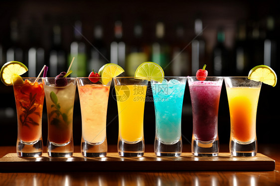 木制酒吧的彩色饮料图片