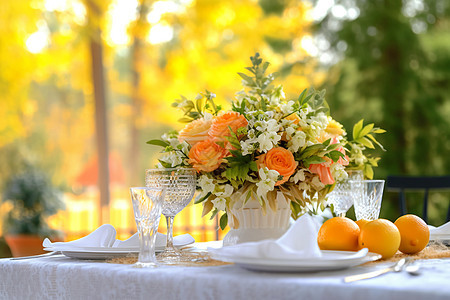 明亮的黄色和橙色户外婚礼桌图片