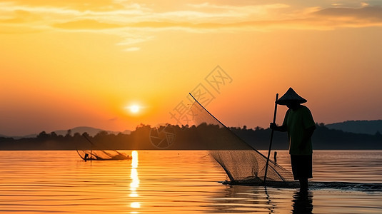 夕阳下渔民出海捕鱼图片