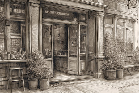 木炭素描风格乡村咖啡馆图片