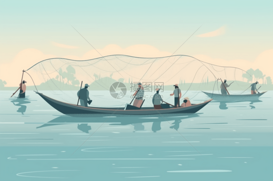 渔民捕捞鱼群图片