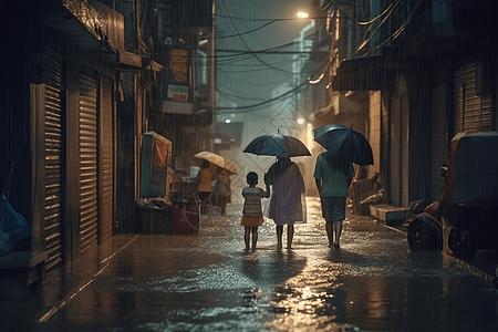暴雨街道一家人在暴雨中打伞设计图片