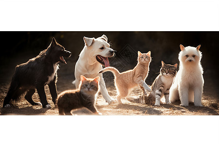 一群猫和狗一起玩耍背景图片