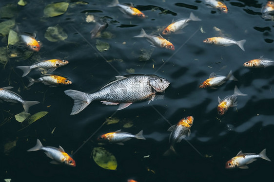 死鱼漂浮在被污染的河流中图片