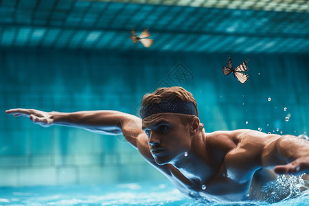肌肉发达的年轻人在游泳池里游泳图片