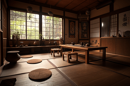 传统的茶室复古竹地板高清图片