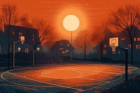 夕阳下的篮球场图片