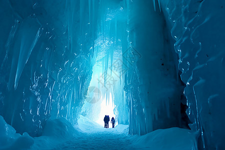 冰洞隧道中的游客图片