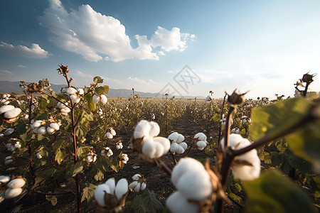 蓝天下田地里的棉花图片