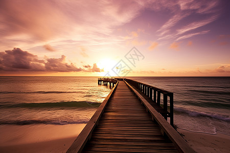 海滩日落唯美木板桥高清图片