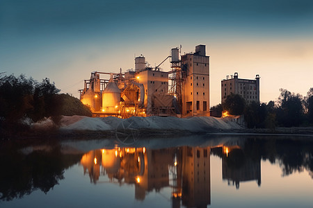 日落时水泥厂全景背景图片