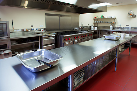 用于专业厨房的表面和厨房工作设备，高清图片